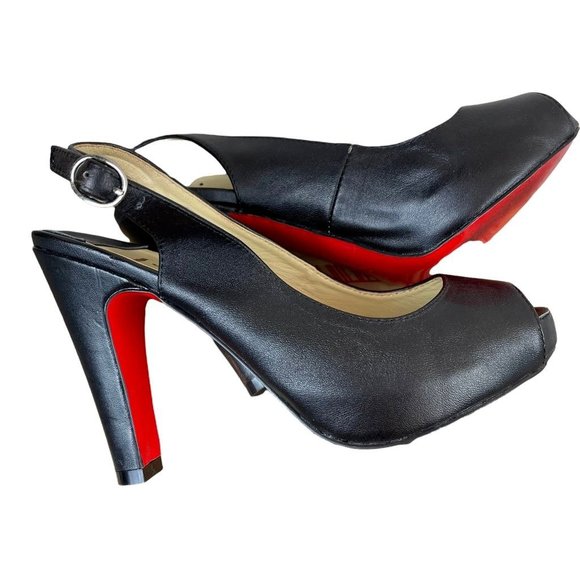Christian Loboutin Shoes - Christian Loboutin Womens Slingback Cone Heels Black Leather Buckle Peep Toe 7